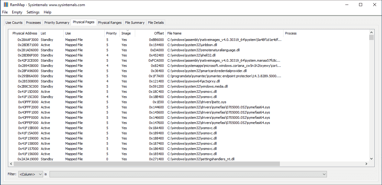 RAMMap Physical Pages showing per-page memory information